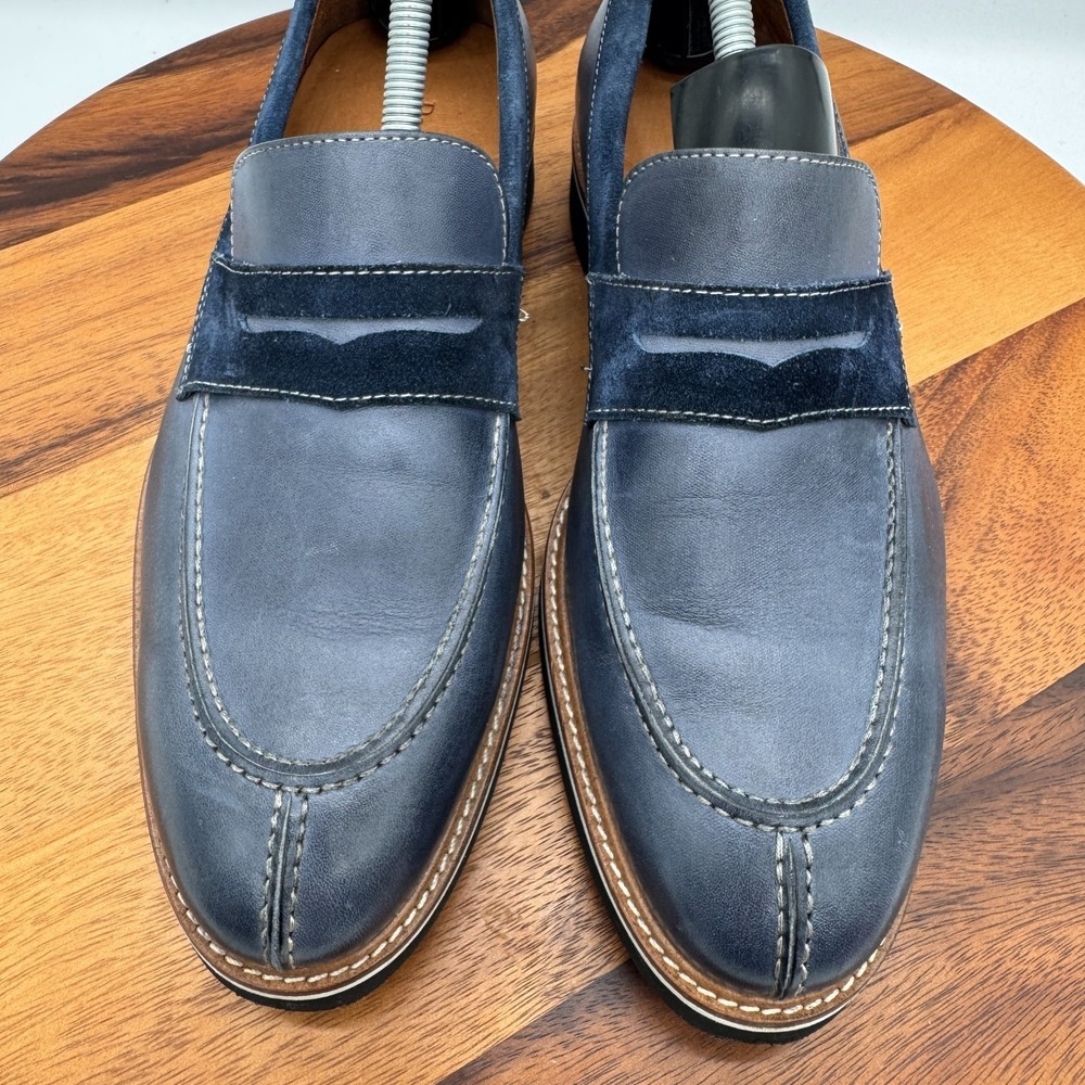 Paul Frederick Klaus Penny Loafers Mens 8 Blue Leather Dress Shoes Casual Italy - Picture 3 of 11